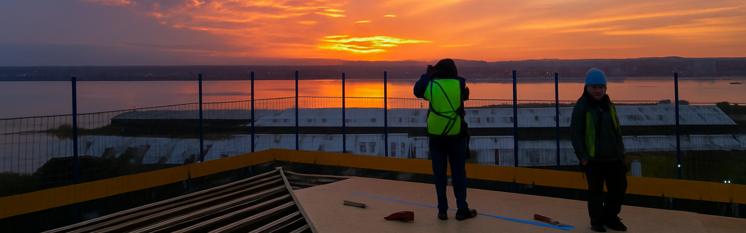 Two joiners are taking a photo of a sunset over water from a raised platform.