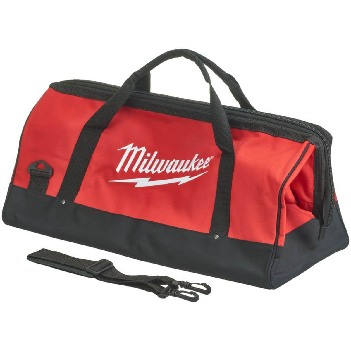 Red and black tool bag with Milwaukee logo on a white background