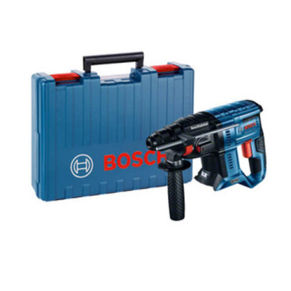 Bosch drill and blue carrying case on a white background