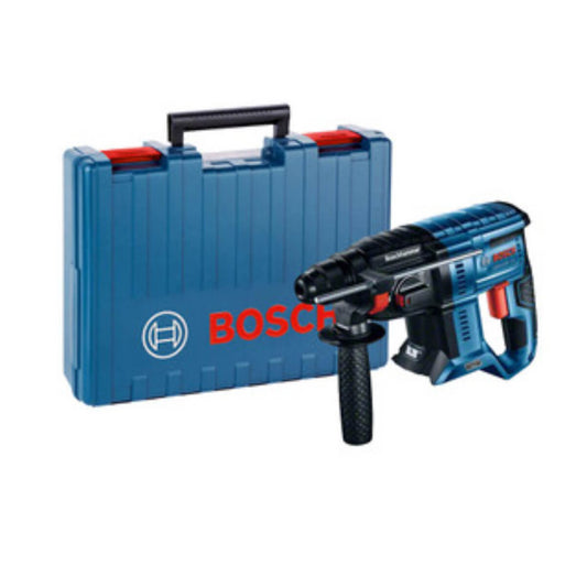 Bosch drill and blue carrying case on a white background