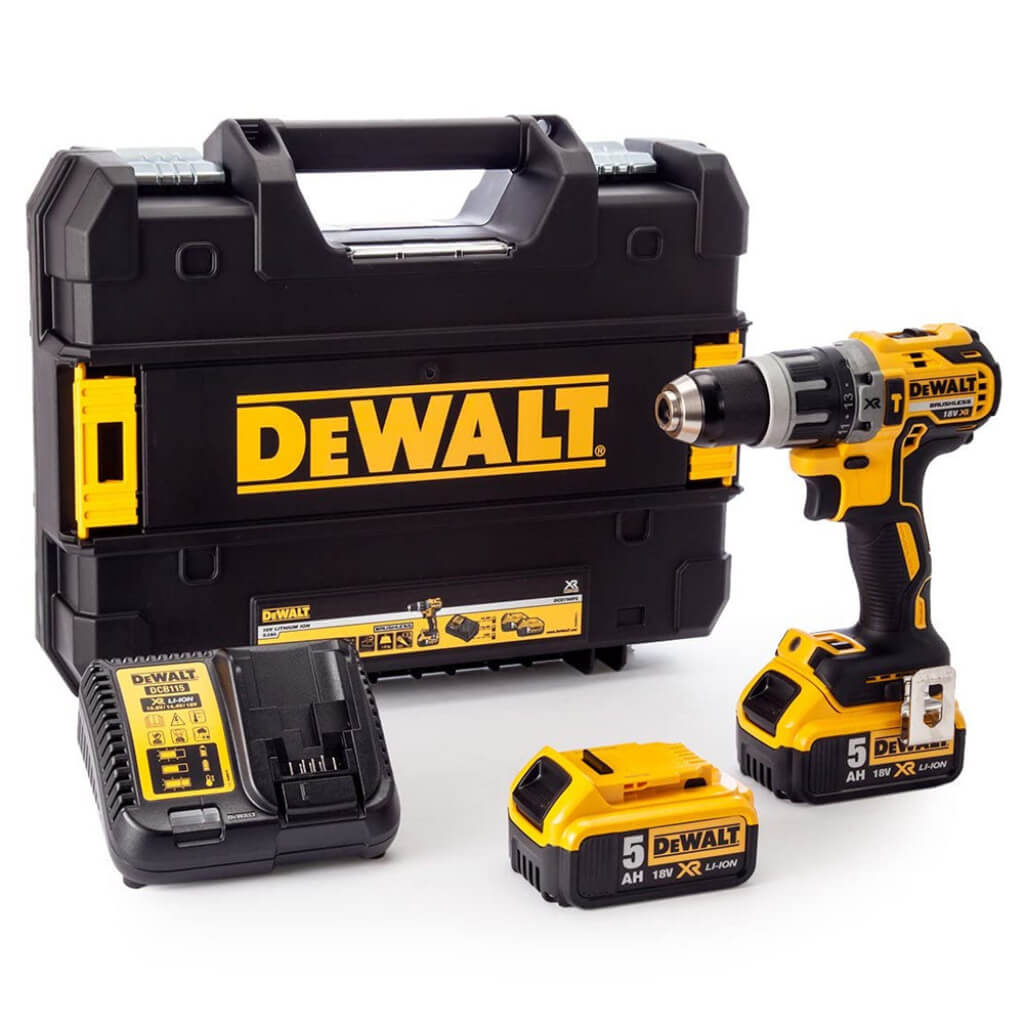 DeWalt power drill set with case, drill, battery, and charger on a white background