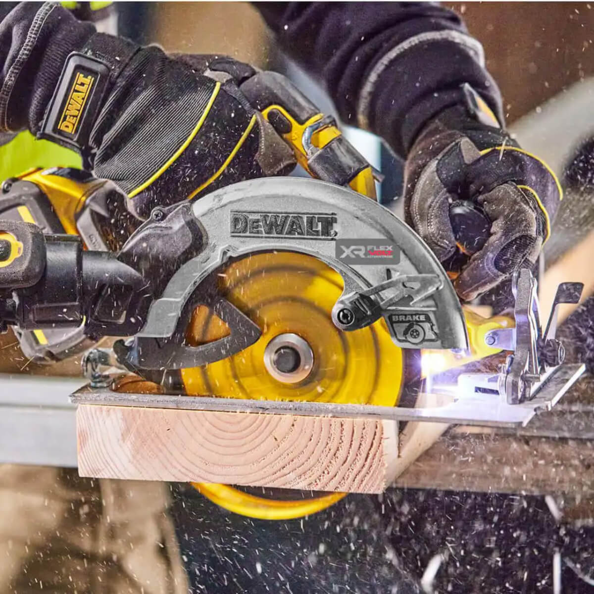 DeWalt DCS570N cutting through timber with 184 mm blade visible