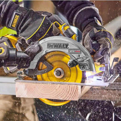 DeWalt DCS570N cutting through timber with 184 mm blade visible