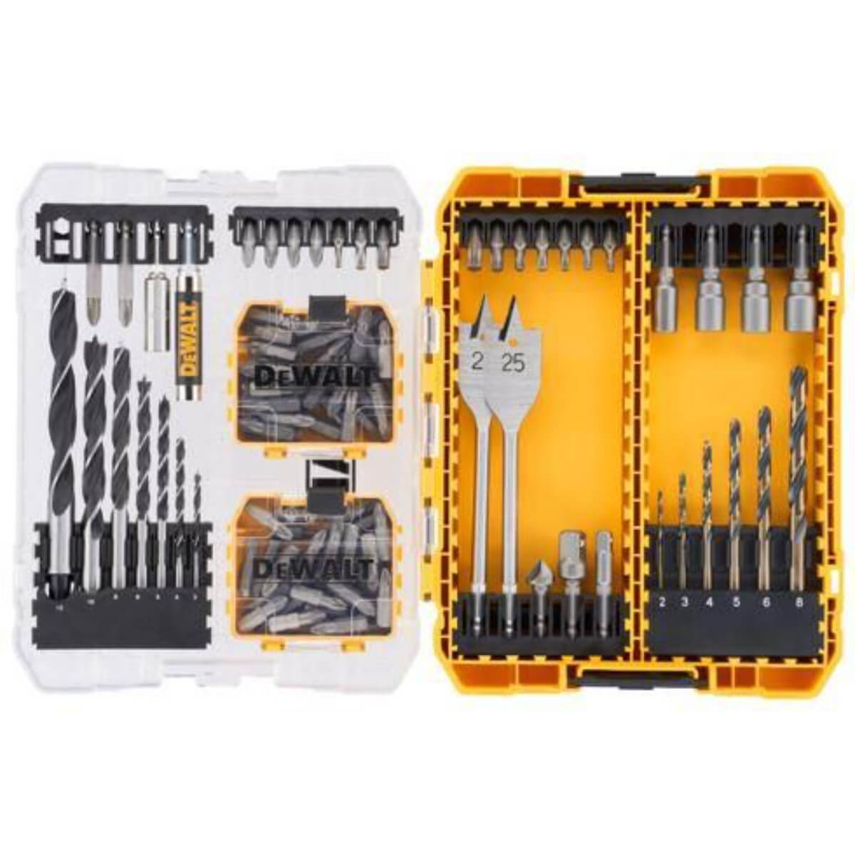 DeWalt drill bit set in open cases on a white background