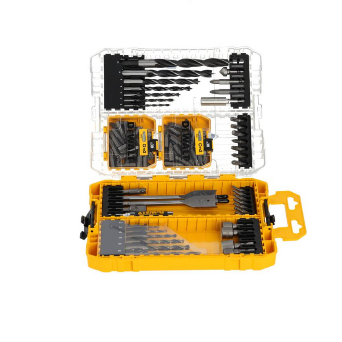 Drill bit set with yellow case on a white background
