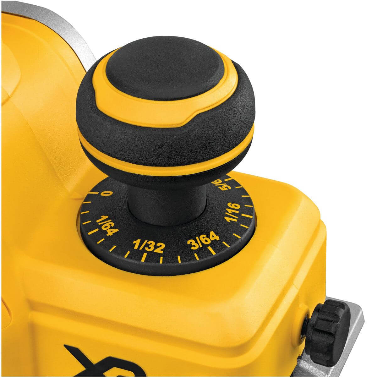 Close-up of a yellow power tool with a black adjustment knob on a white background
