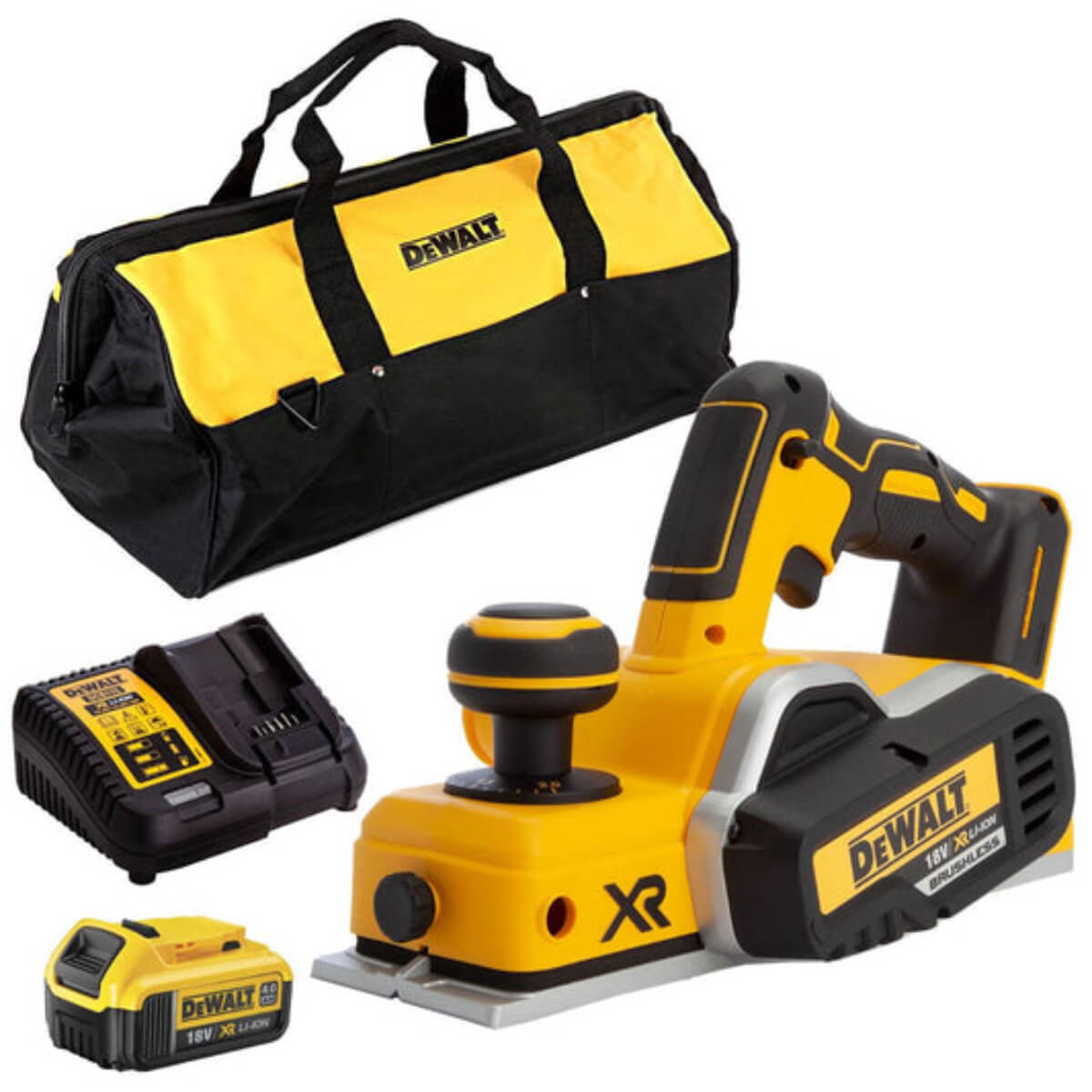 DeWalt power planer with battery, charger, and carrying bag on a white background