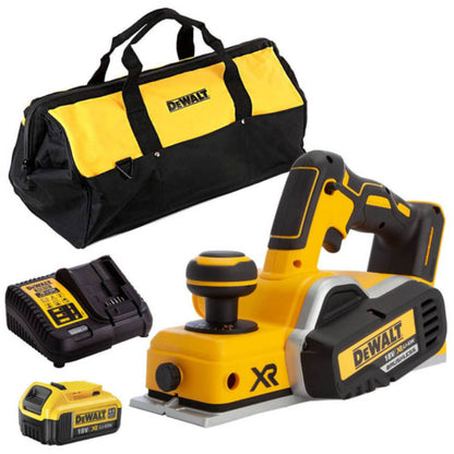 DeWalt power planer with battery, charger, and carrying bag on a white background