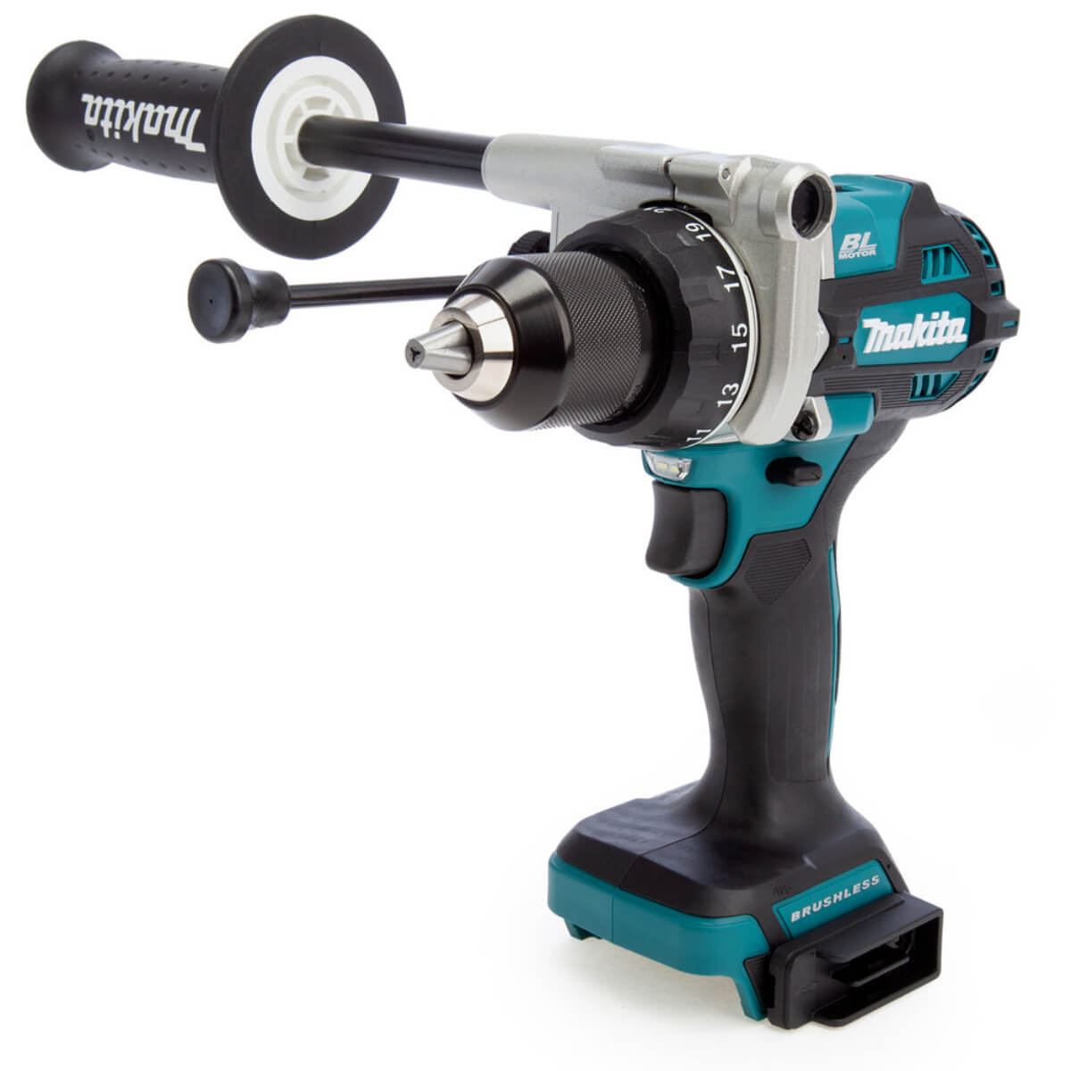 Makita drill with various attachments on a white background