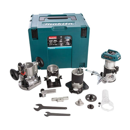 Makita router kit with tools and accessories on a white background