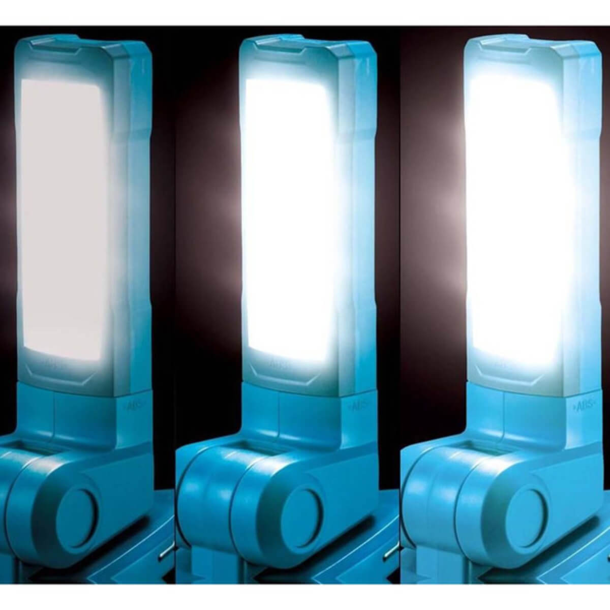 Three blue portable lights emitting a bright white light on a dark background.