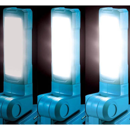 Three blue portable lights emitting a bright white light on a dark background.