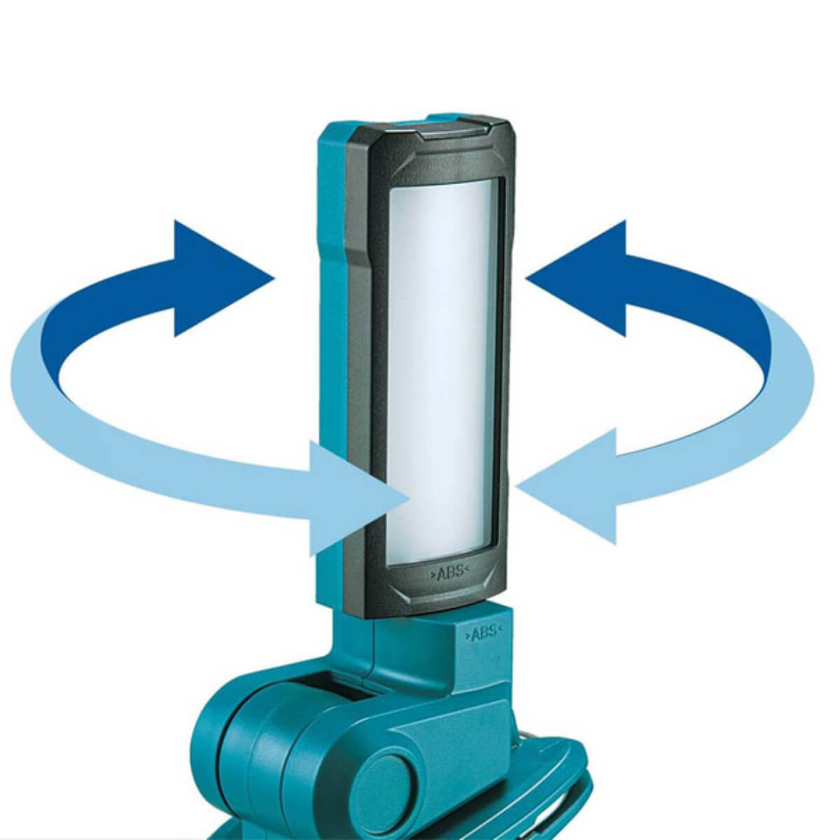 Teal and black device with blue arrows indicating rotation on a white background