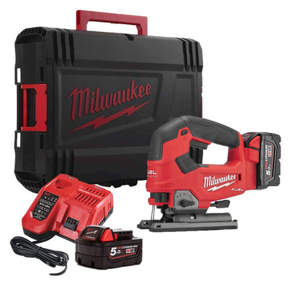 Milwaukee power tool set with jigsaw, battery, charger, and case on a white background