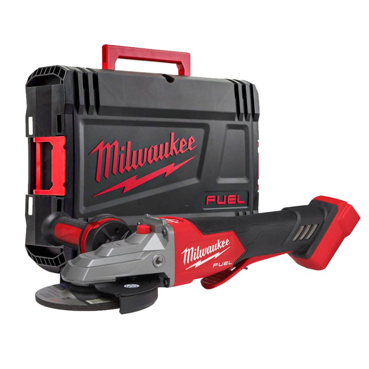 Milwaukee angle grinder with carrying case on a white background