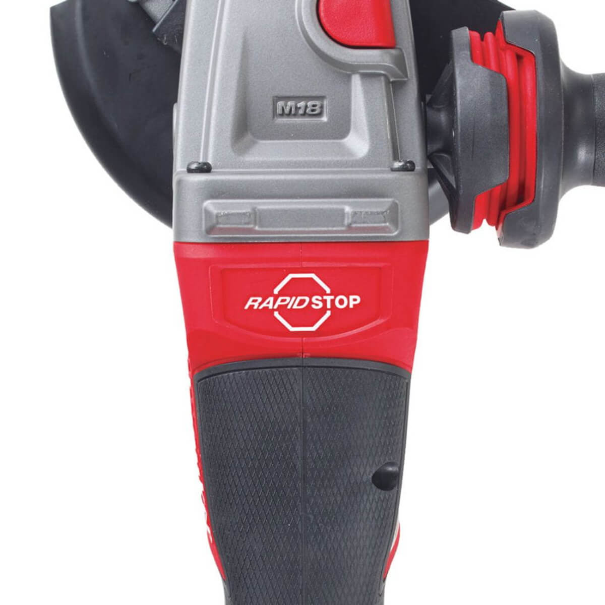 Red and gray angle grinder with 'Rapid Stop' feature on a white background