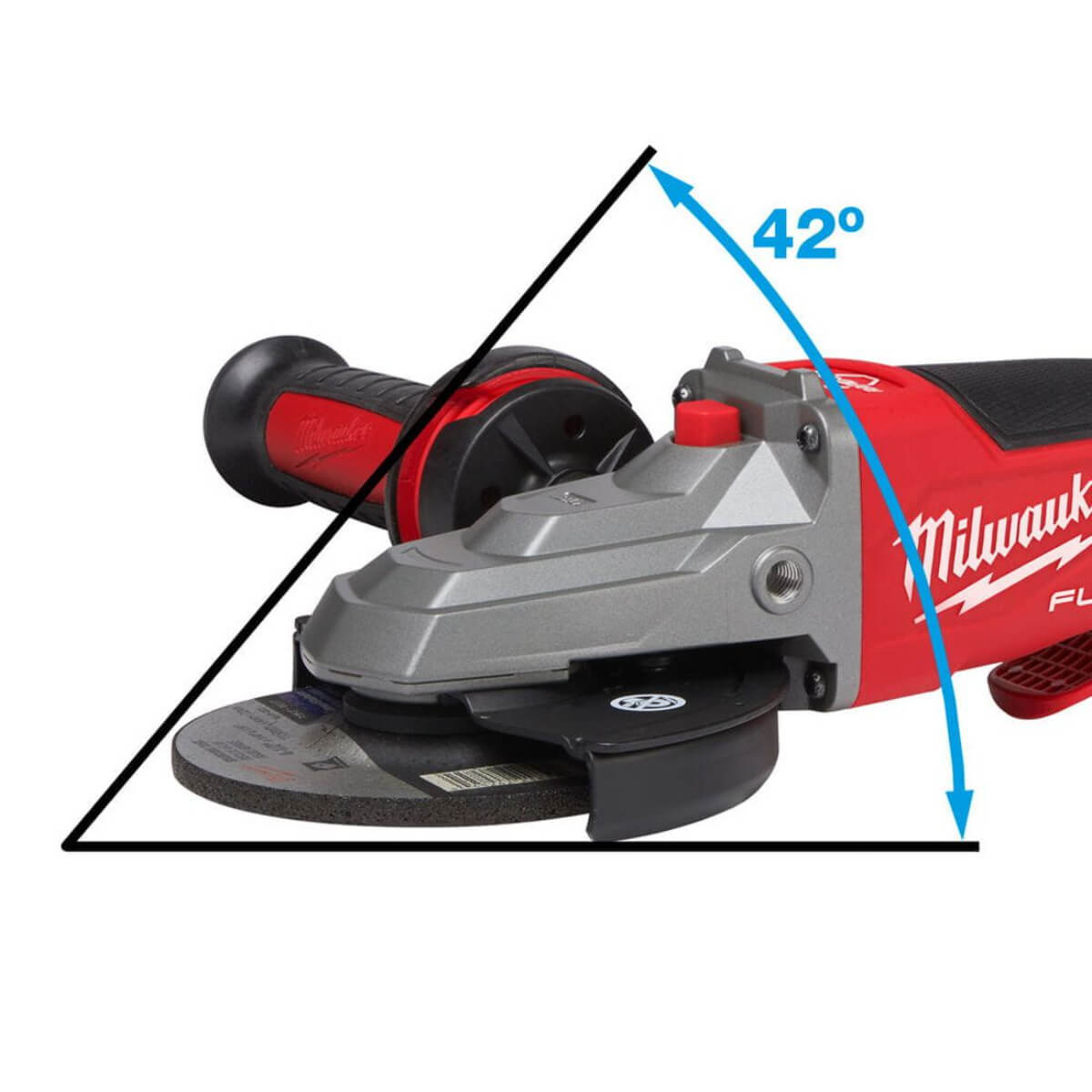 Milwaukee angle grinder with a labeled 42-degree angle on a white background