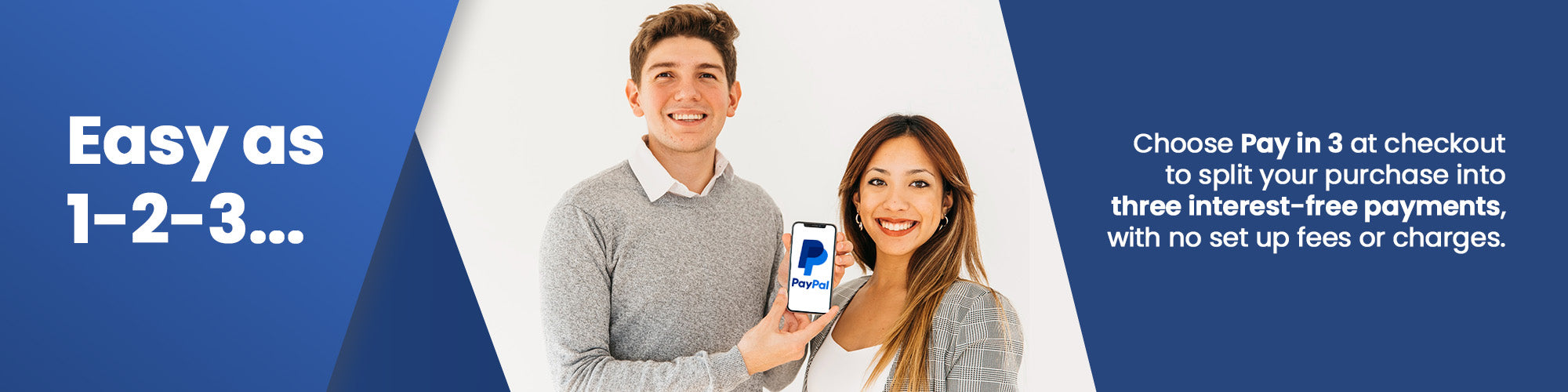 Man and woman holding a smartphone with promotional text about Pay in 3 payment option on a blue and white background