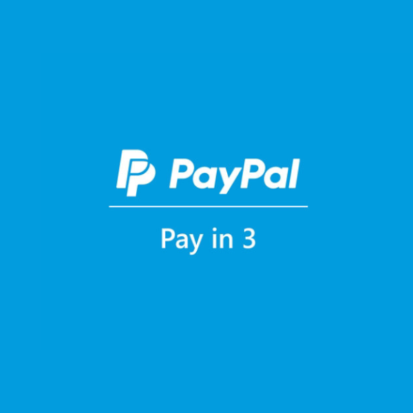PayPal logo with 'Pay in 3' text on a blue background