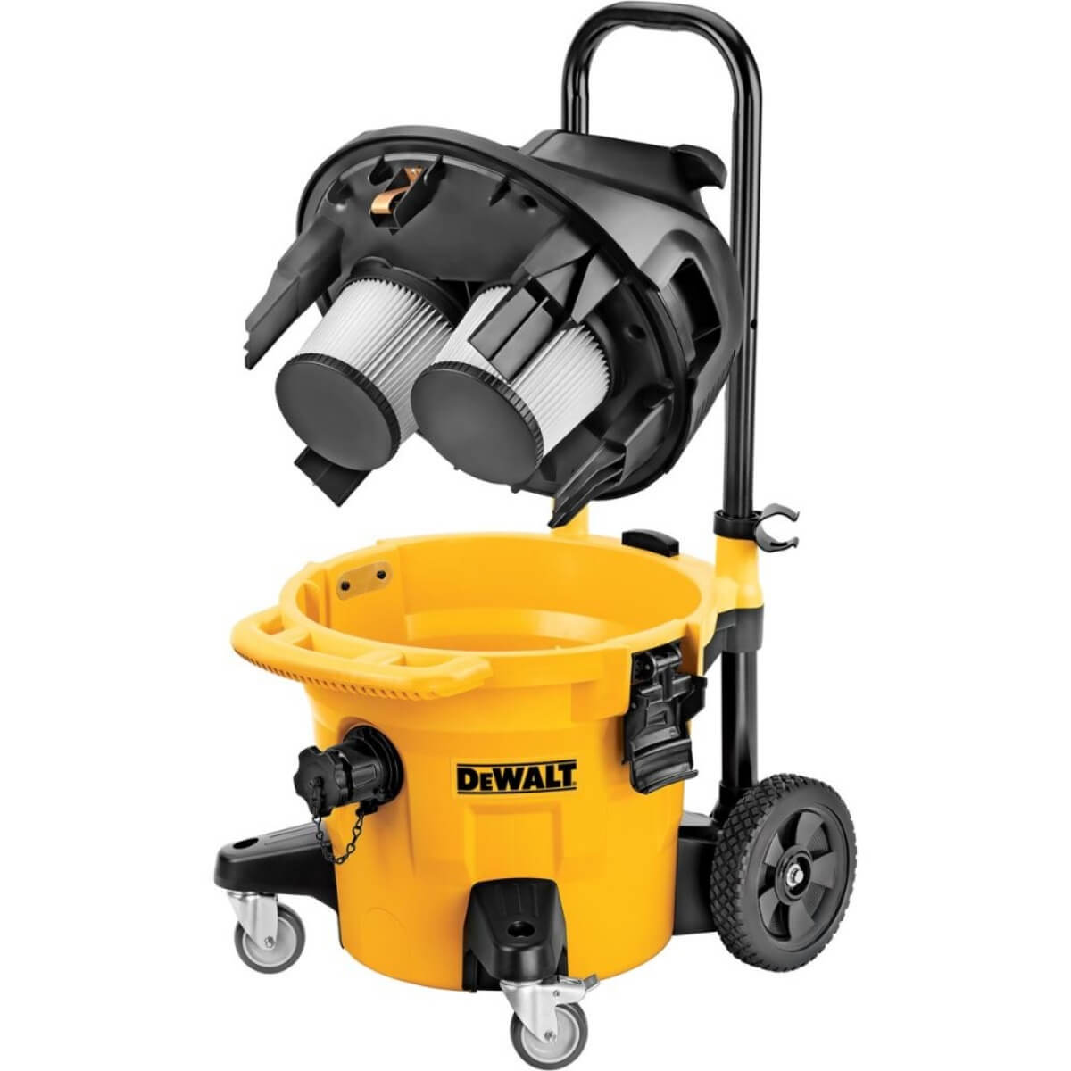 Yellow and black Dewalt extractor with open top showing the twin filters 