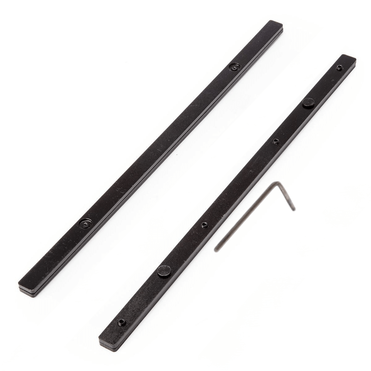 Two black metal rail connectors with a small hex key on a white background