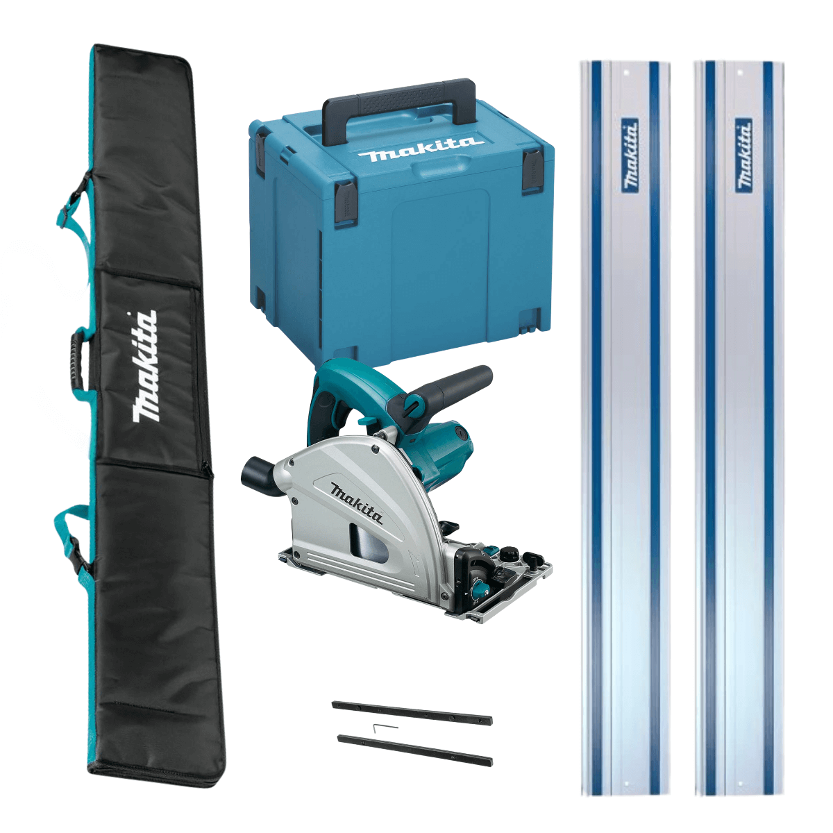 Makita Plunge saw with accessories and carrying case on a white background