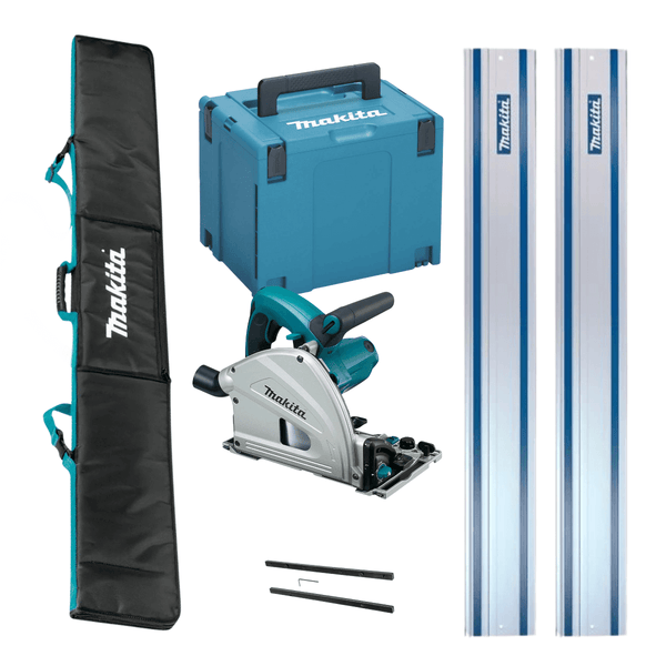 Makita Plunge saw with accessories and carrying case on a white background
