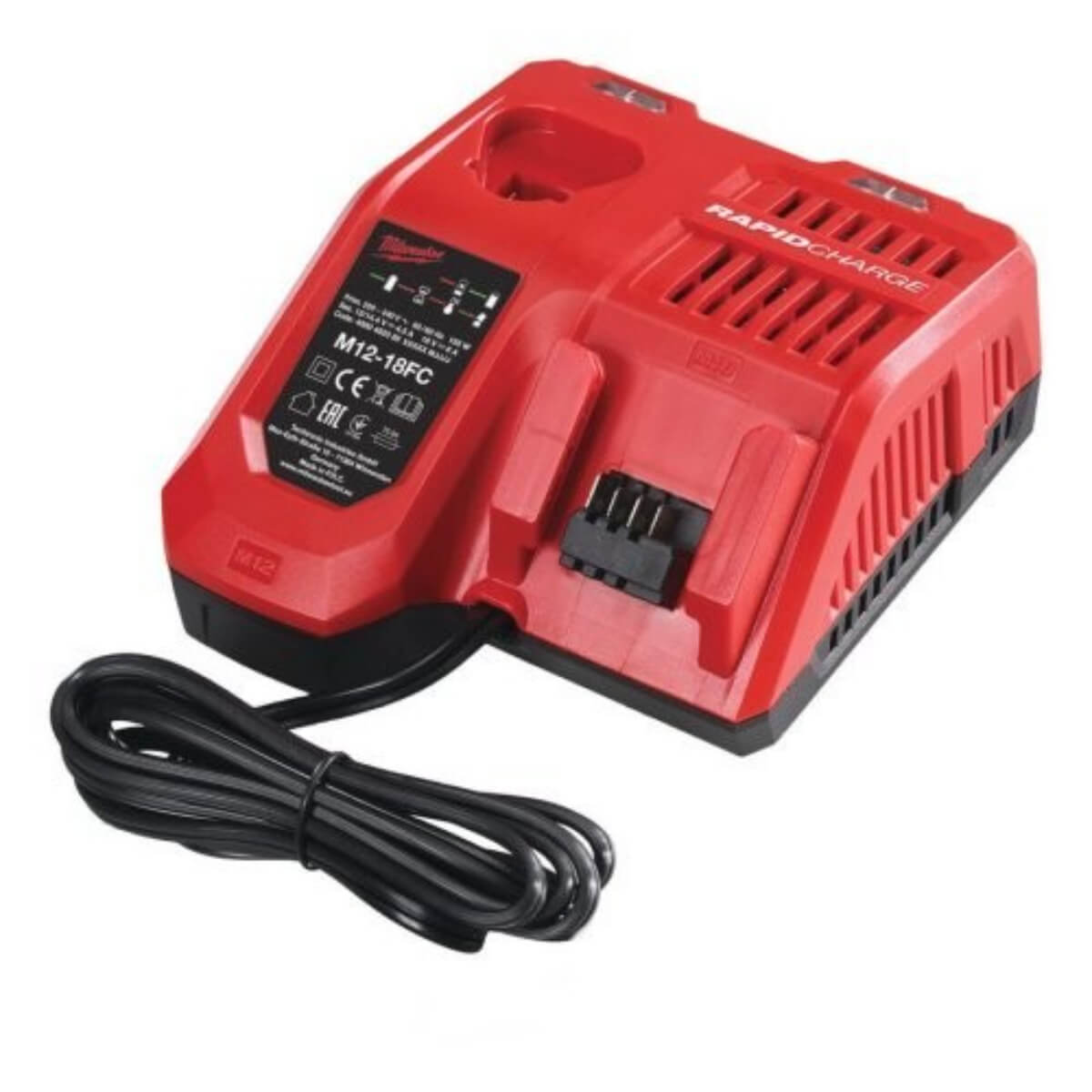Red Milwaukee battery charger with a cable on a white background