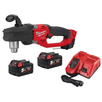 Milwaukee power tool set with drill, batteries, and charger on a white background